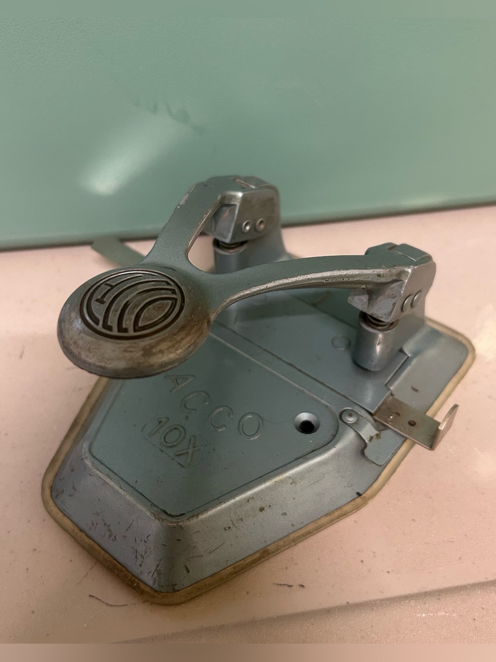 Vintage ACCO 10X Heavy Duty 2 Hole Paper Punch Blue Industrial Art Deco
